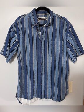 VINTAGE Rustler Short Sleeve Two Tone Blue Denim Striped Button-Down Shirt